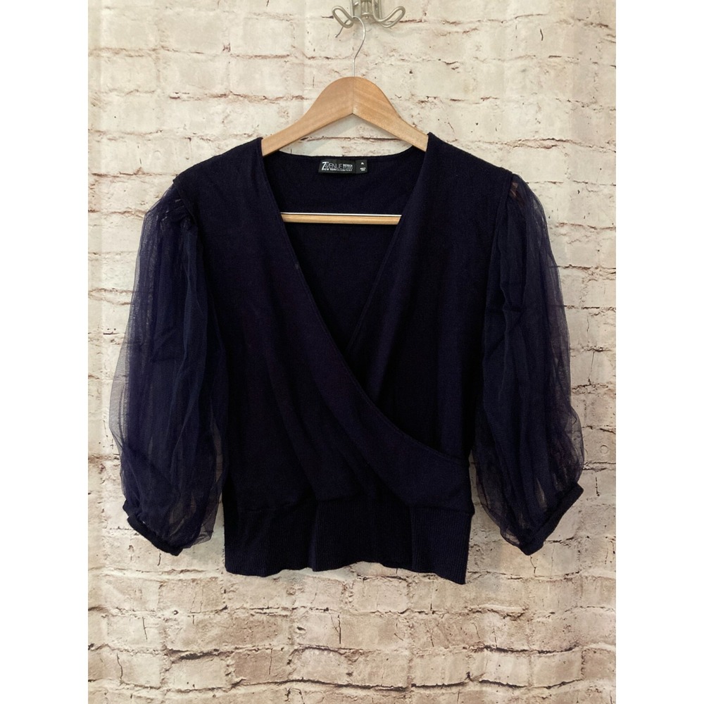 7th Avenue Top Womens XL Navy Blue Knit Mesh Balloon Sleeves Cropped Boho V Neck